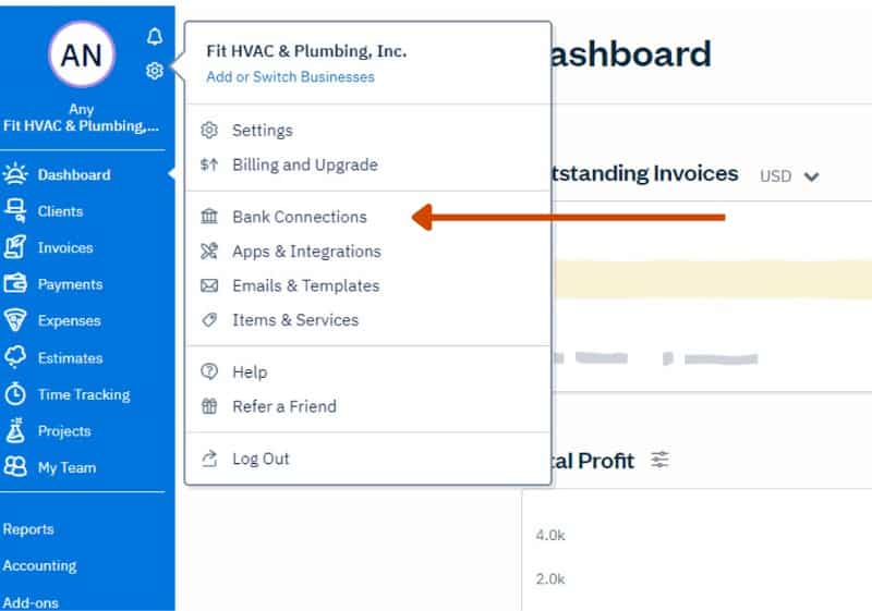Navigating to Bank Connections in FreshBooks.