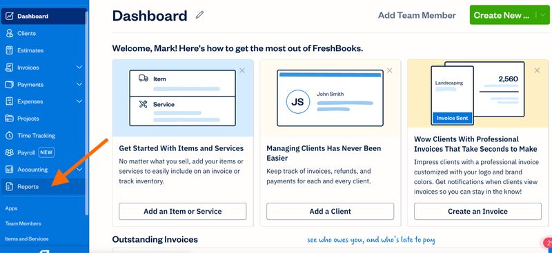 Screen showing how to navigate to the Reports section in FreshBooks.