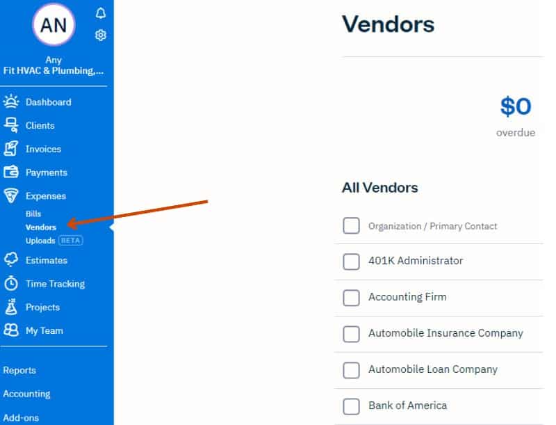 Navigating to Vendors in FreshBooks.