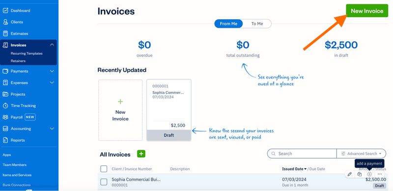 Invoices screen in FreshBooks highlighting the New Invoice button.