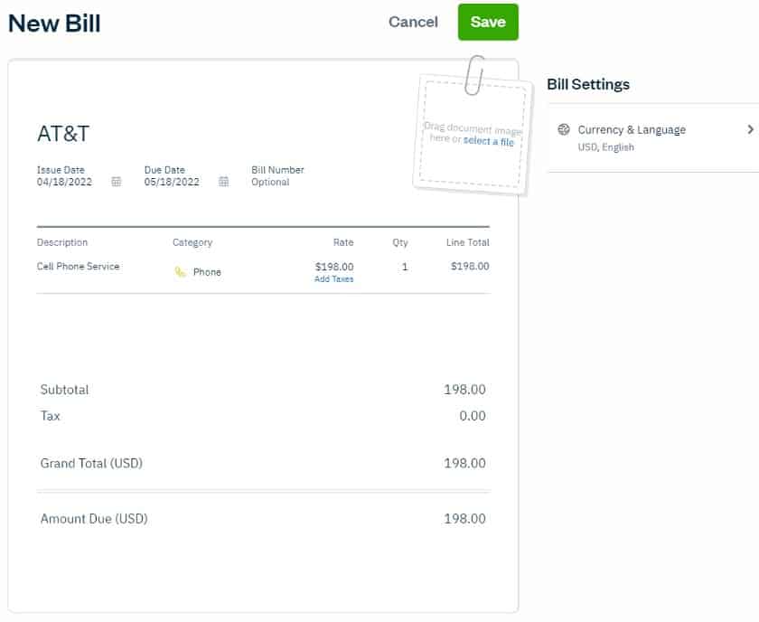 View of New Bill screen in FreshBooks.