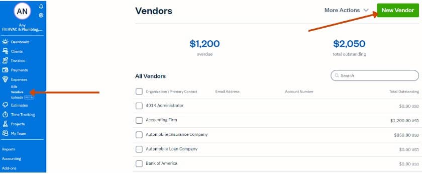 Navigating to New Vendor screen in FreshBooks.