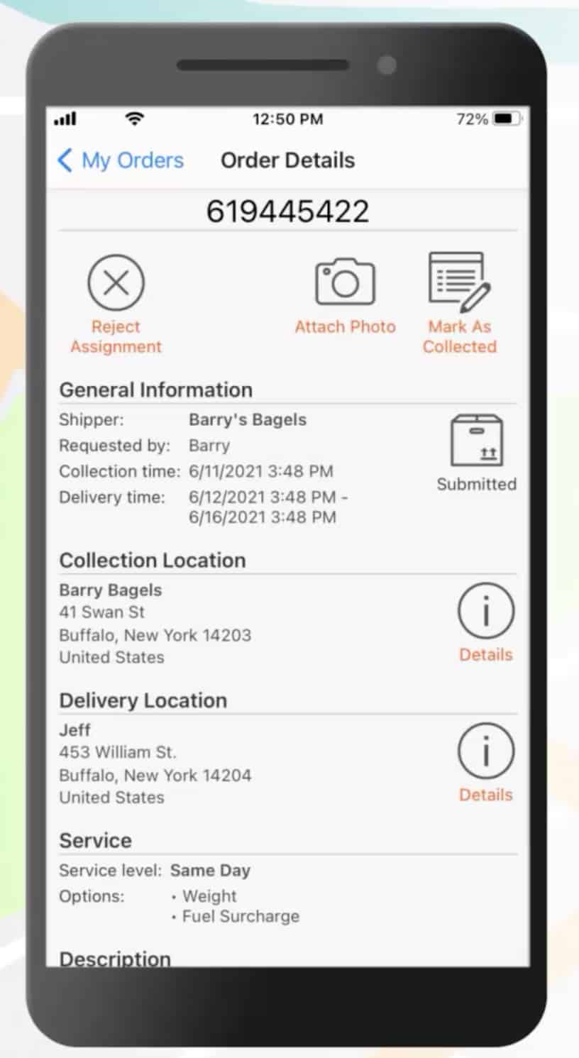 OnTime 360 Order details view in mobile app.