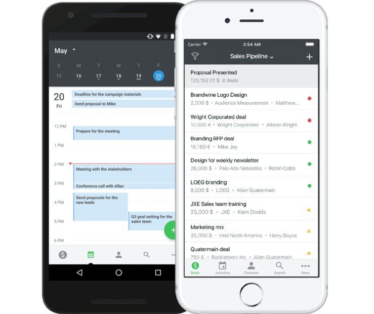 Pipedrive view of active deals and important CRM data on mobile app.