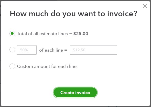 Selecting the portion of the estimate to convert to an invoice
