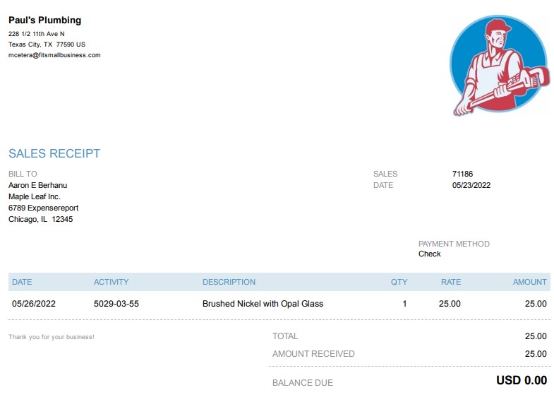 Preview of a sample sales receipt in QuickBooks Online.