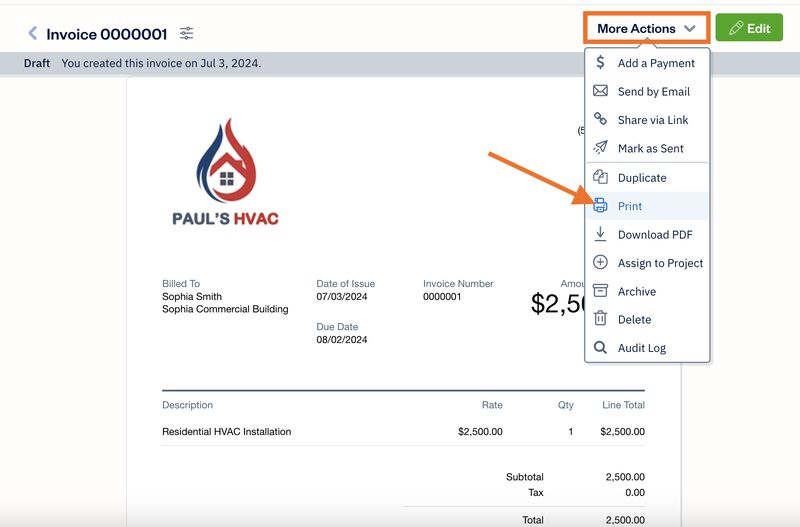 Invoice page in FreshBooks highlighting the Print dropdown under the More Actions button.