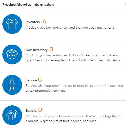 Product/Service Information screen in QuickBooks Online.
