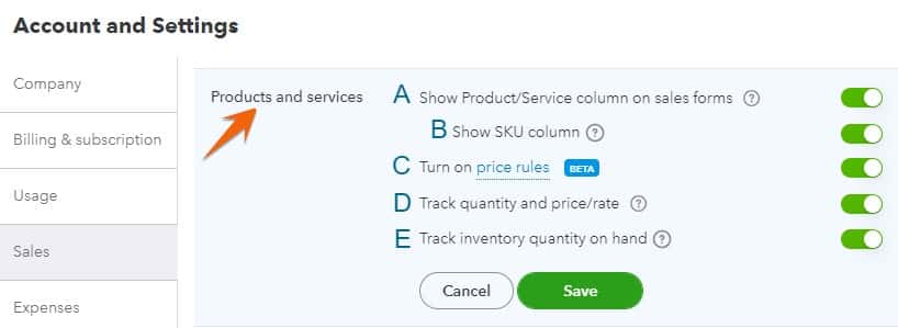 List of products and services offered by QuickBooks Online.
