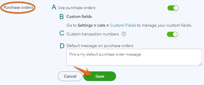 Purchase order settings in QuickBooks Online.