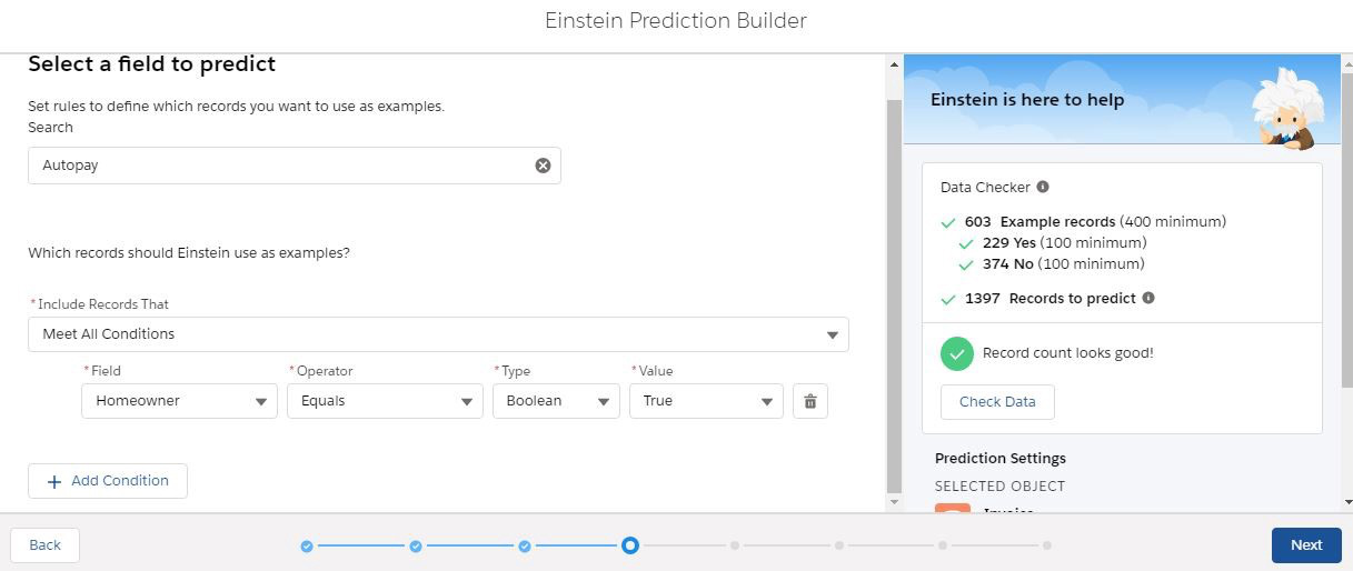 Salesforce Einstein customer prediction builder page.