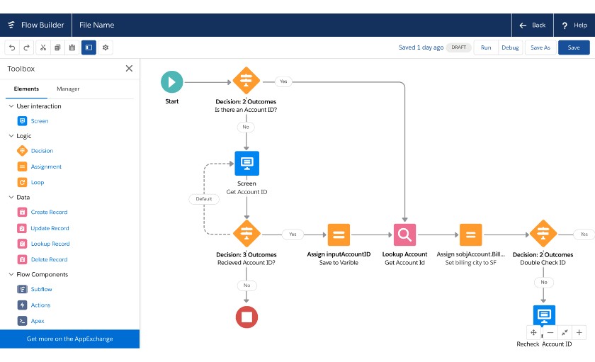 Salesforce’s workflow automation builder lets users create customized workflows—from simple processes to complex ones.