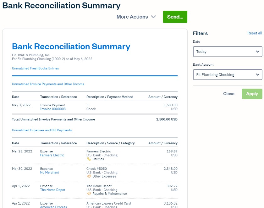 Sample Bank Reconciliation Summary in FreshBooks.