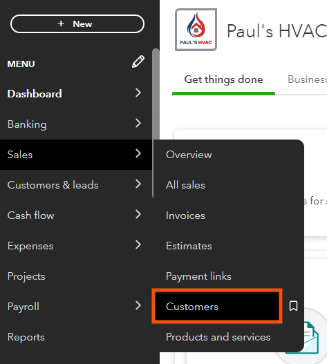 Screen in QuickBooks showing how to navigate to the Customers tab under the Sales menu