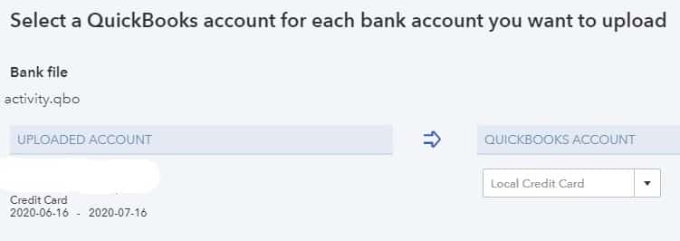 Selecting an account to record imported transactions in QuickBooks Online.