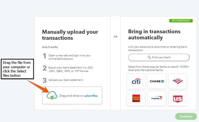 Selecting the transfer file to import into QuickBooks Online.