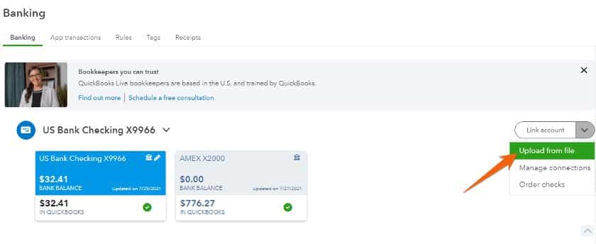 Selecting Upload from file from the Banking Center in QuickBooks Online.