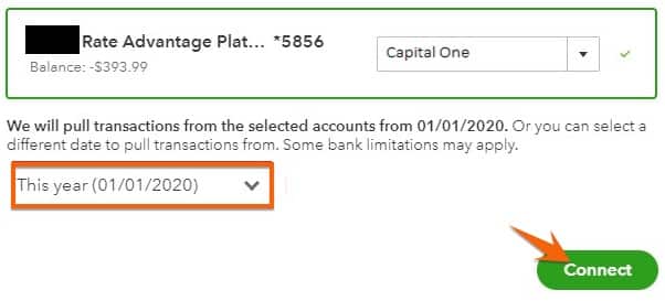 Selecting the beginning date to transfer bank transactions.