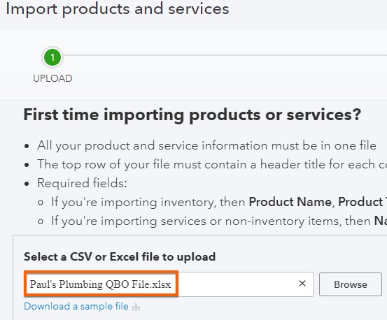 Selecting the file to import products and services into QuickBooks Online.