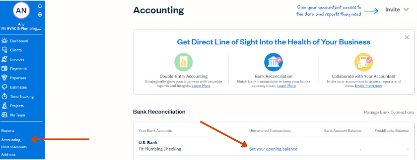 Setting the opening balance in FreshBooks.