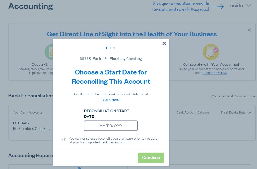 Setting the reconciliation start date in FreshBooks.