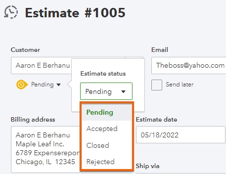 Setting the status of estimates in QuickBooks Online.