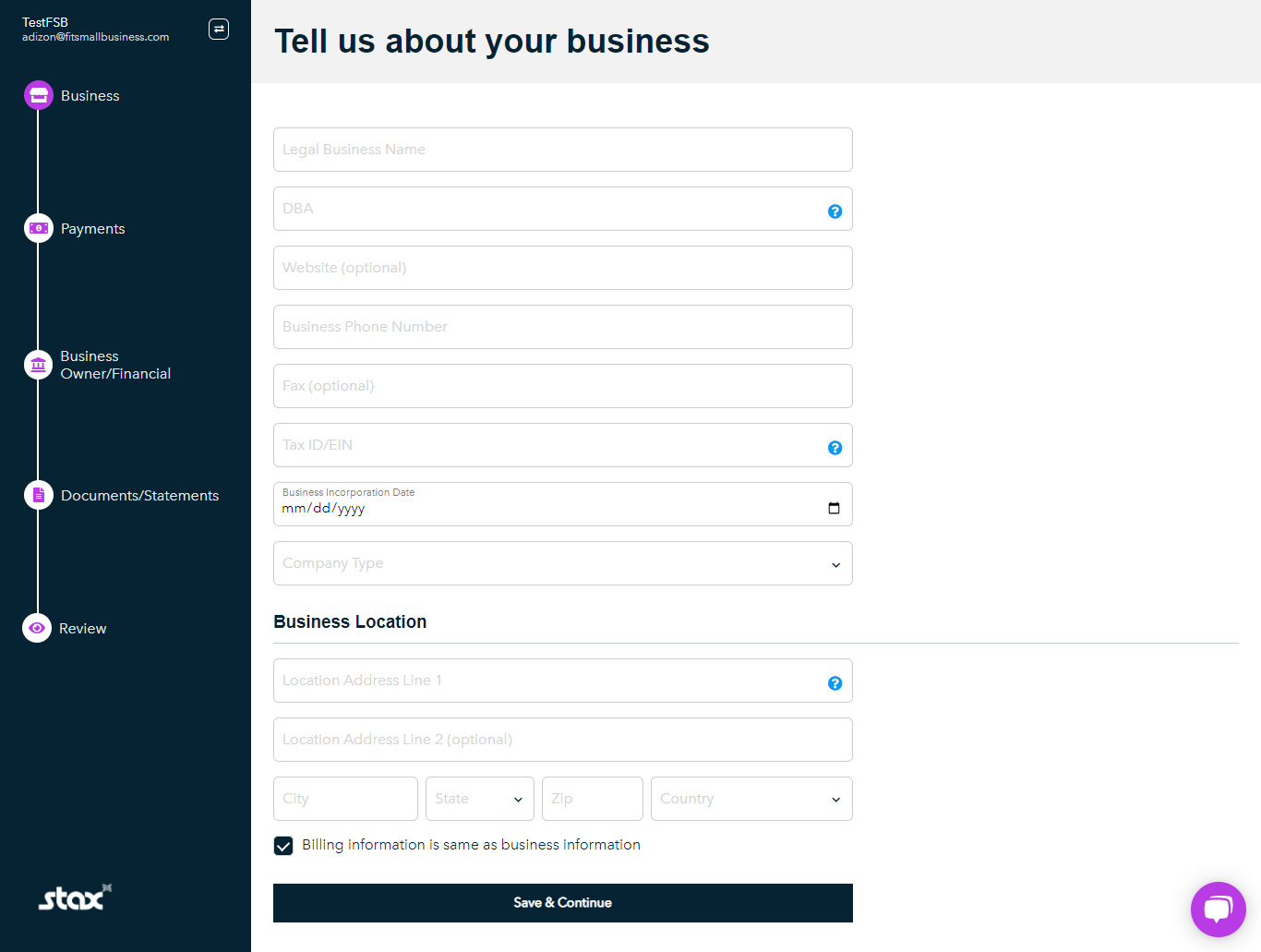 Stax business information form.