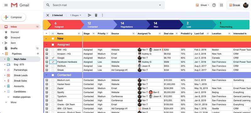 Streak CRM's pipeline statuses, including won and lost deals in a Gmail inbox.