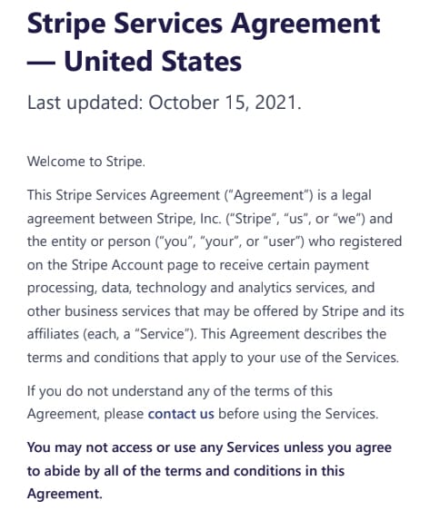 Stripe Terms of Service preview.