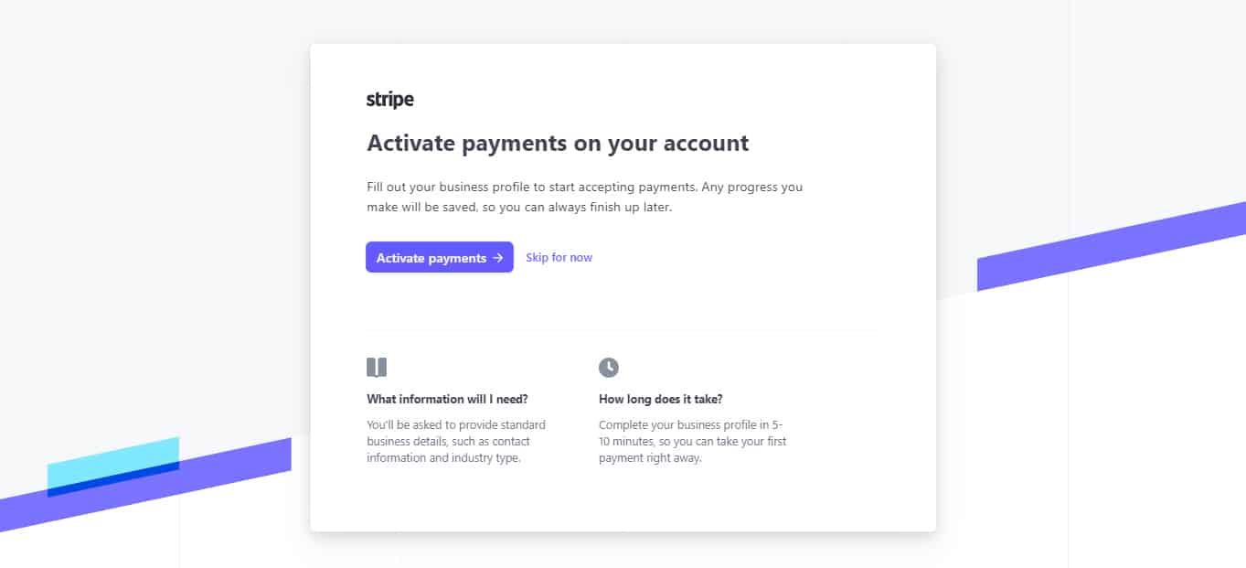 Activating payments on account page on Stripe.
