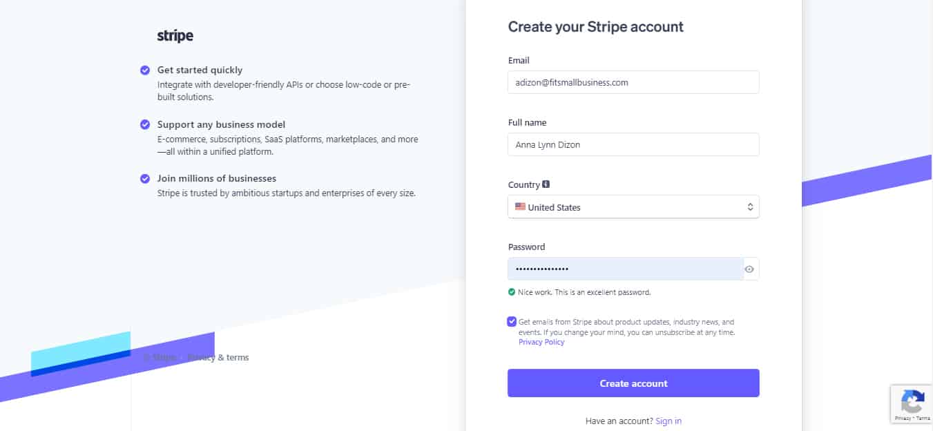 Sign-up form for creating an account in Stripe.