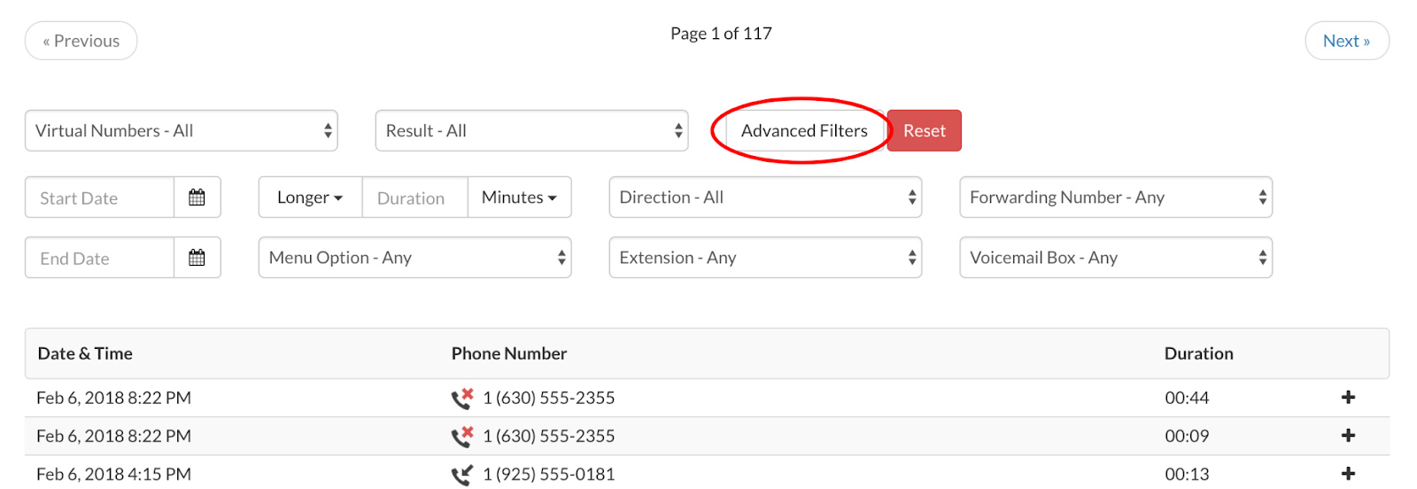 Advanced filters on Talkroute to see results by date, numbers, extensions, or more.