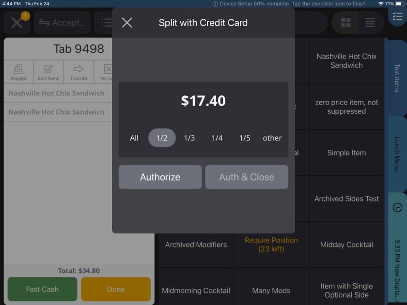 Upserve Split with credit card screen.