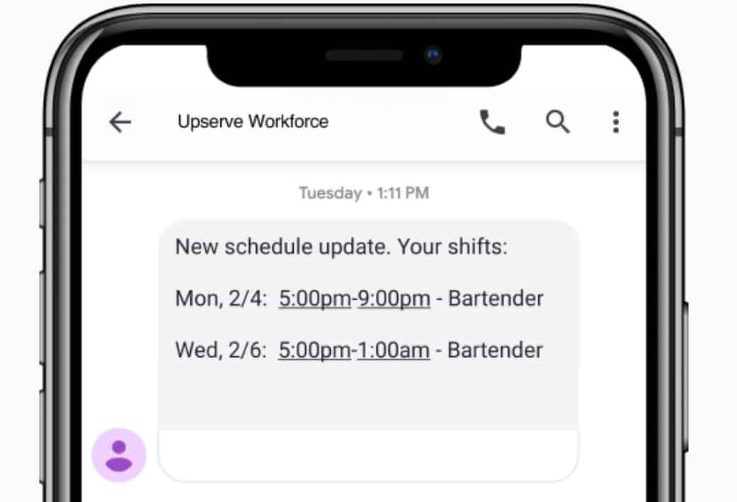 Sample text message for schedule updates from Upserve.
