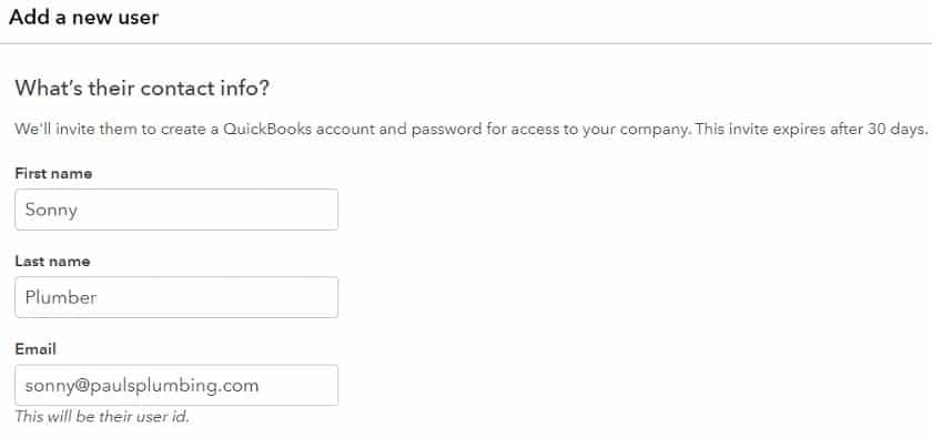 Providing user contact information in QuickBooks Online.