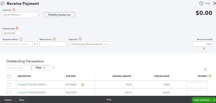 View of QuickBooks Online Receive Payment screen.