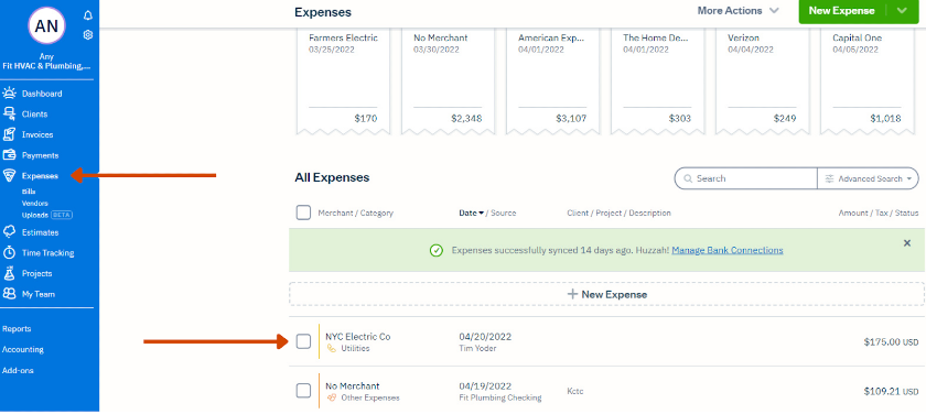 Viewing and classifying expenses in FreshBooks.