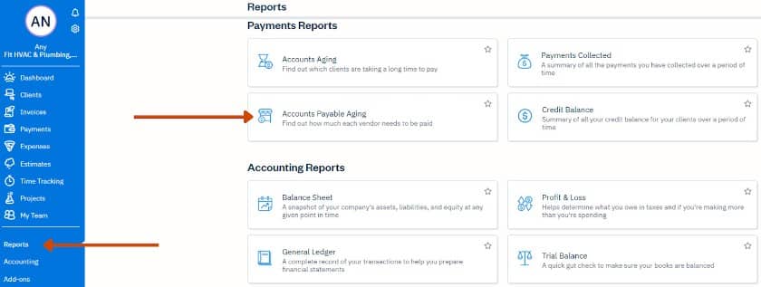 Viewing the A/P Aging report in FreshBooks.