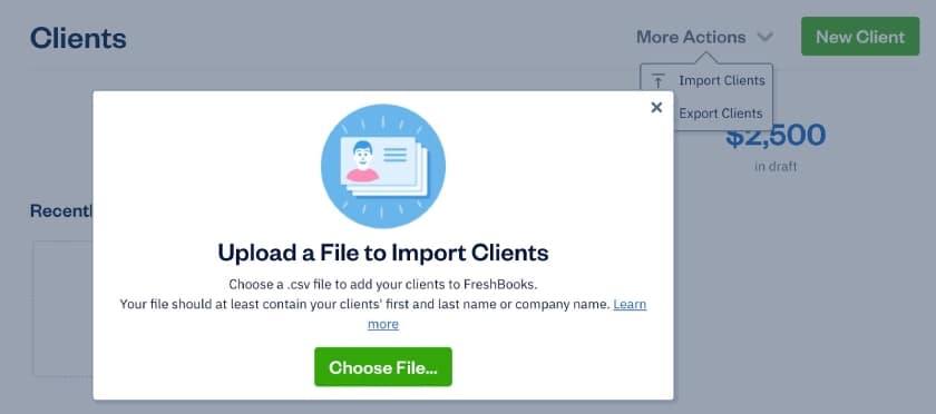 Screen where you can upload a client list file into FreshBooks.