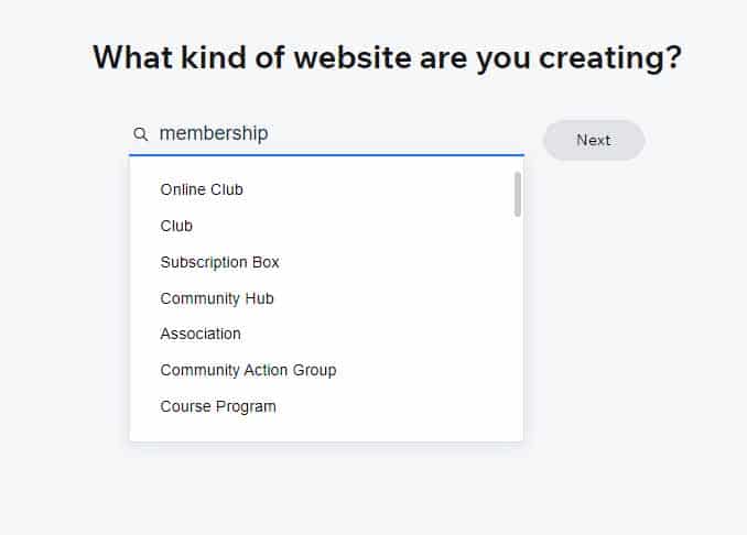 Wix options when creating a website.