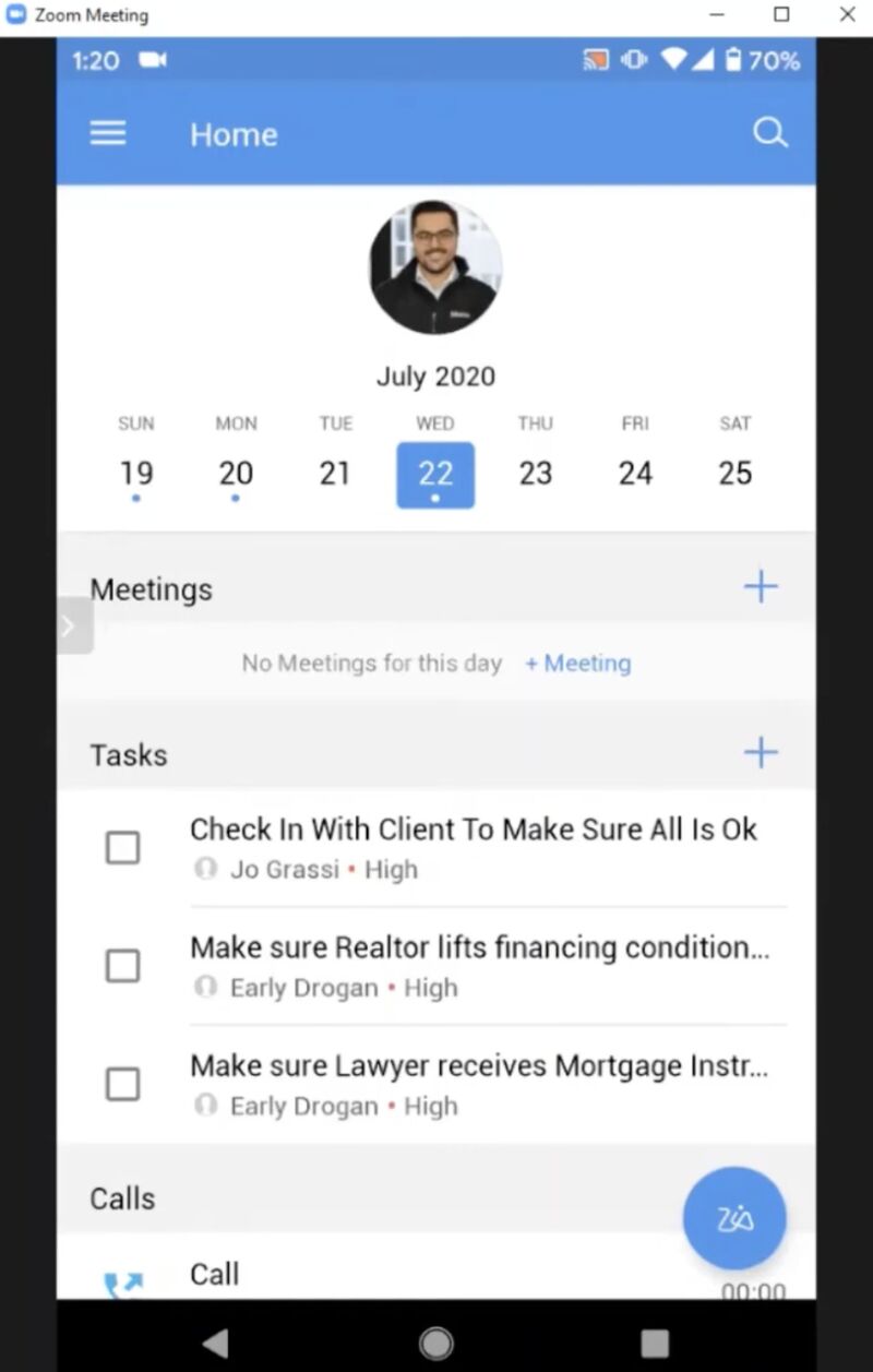 The integration between Zoho CRM and BluMortgage, showing a loan officer scheduling meetings on a mobile device.