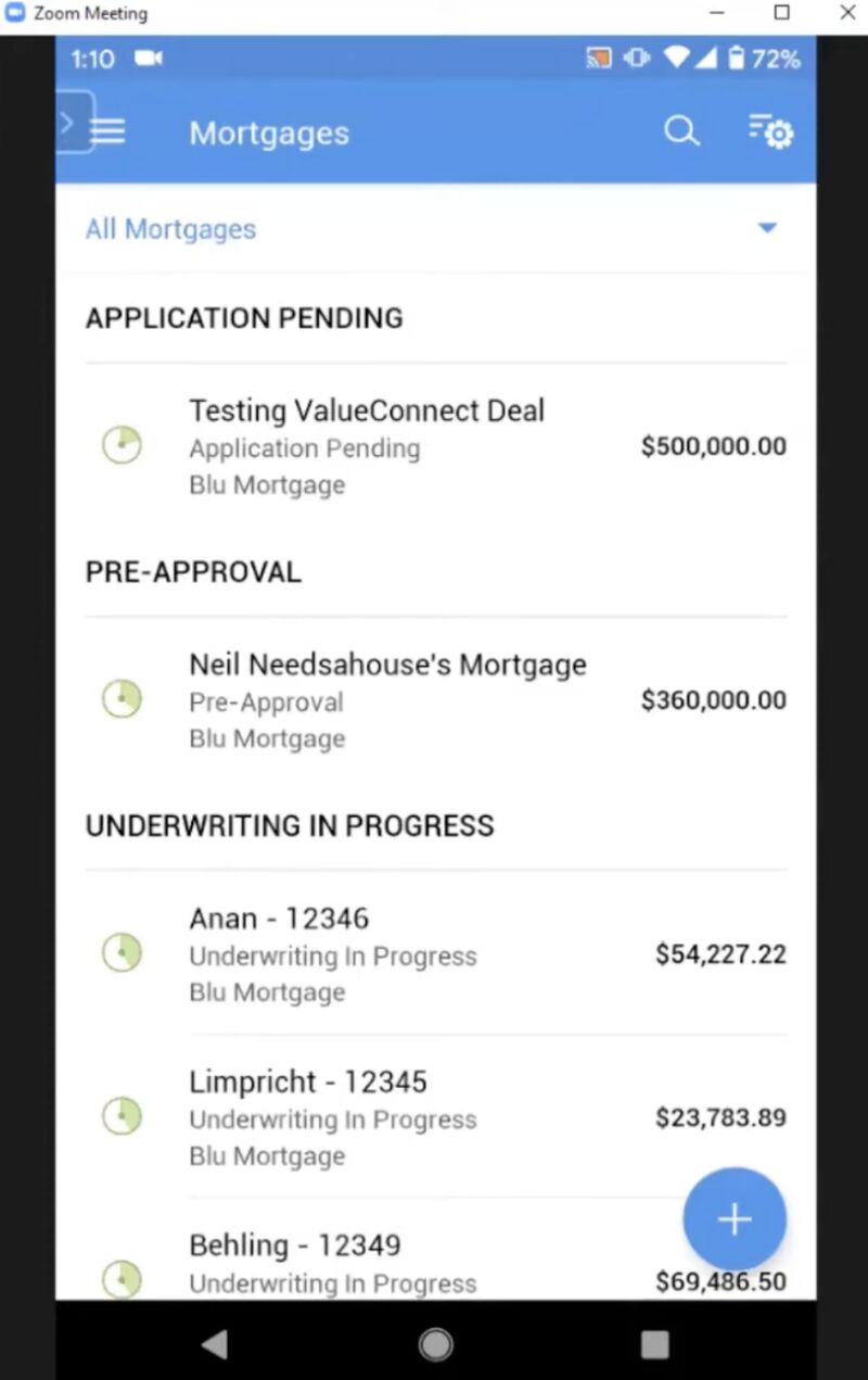 The Zoho CRM and BluMortgage integration showing mortgage statuses on mobile.