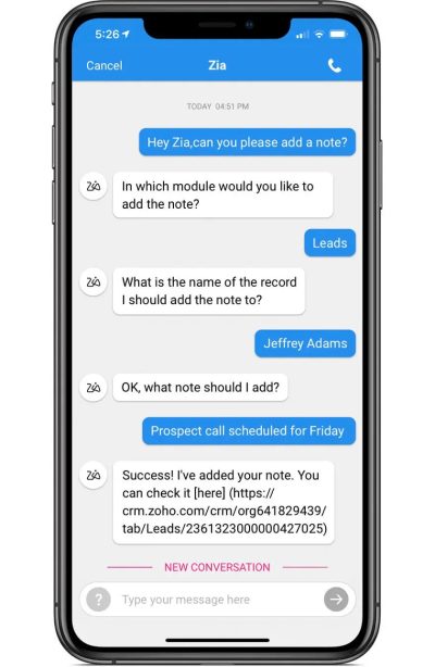 Zia is a conversational AI bot that can pull up any CRM information from users’ accounts.