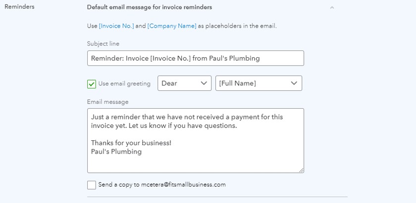 Editing default email message for reminders.
