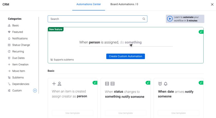 Automations Center on monday.com to search and create automated workflows such as auto-notifications, automated item assignments, or board changes.