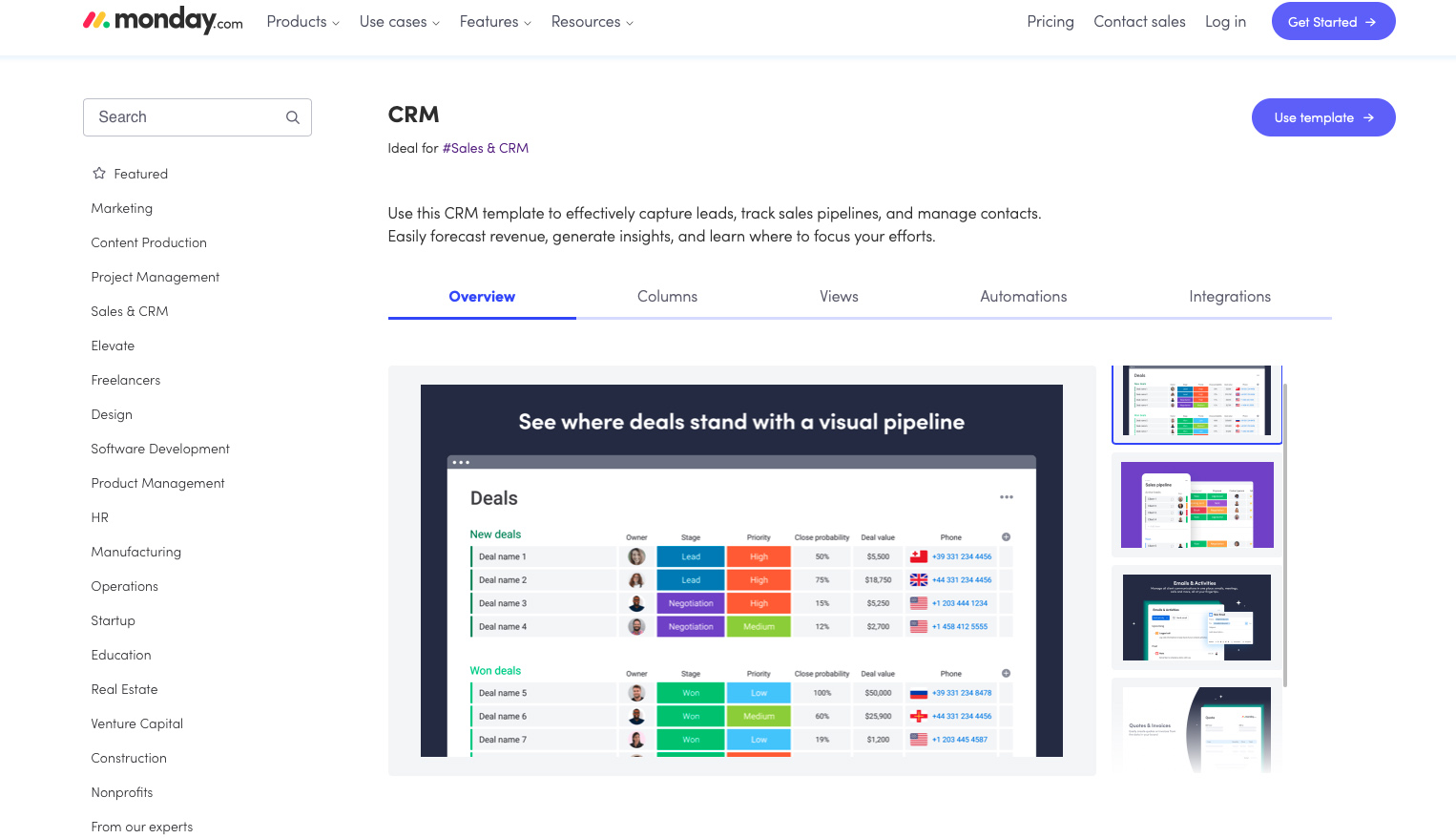 CRM Templates Page in monday.com.