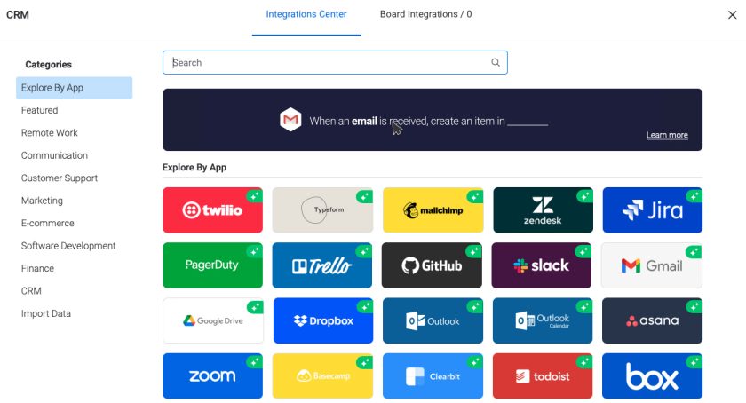 List of monday.com integrations such as Twilio, Mailchimp, Zendesk and many more.