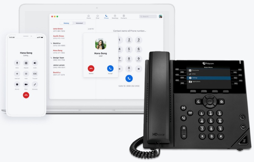 A mobile phone, laptop, and desk phone powered by Zoom Phone.