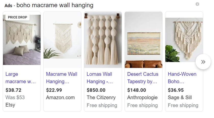 Showing "boho macrame wall hanging" keyword search on Google.