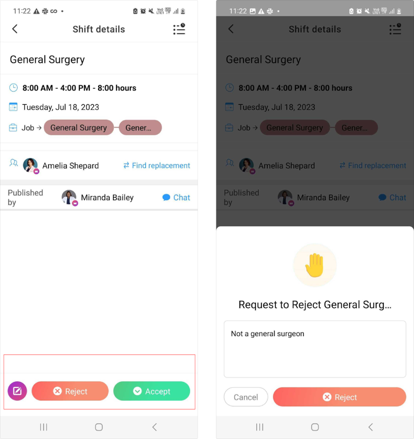 Connecteam's scheduling tool via the mobile app shows the shift and job details for a specific schedule with an option to find a replacement and buttons to approve or reject the schedule.